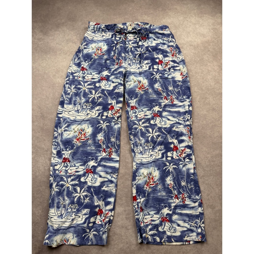 VTG Lucky Brand Blue White Hawaiian Print Rayon Lounge Pants Women S Made in HK